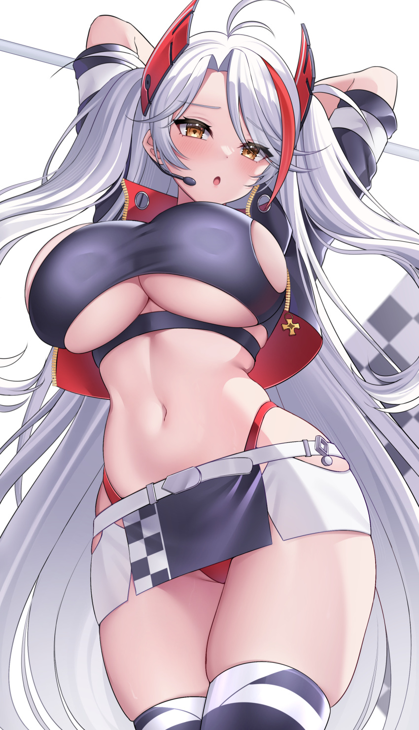 1girl :o absurdres arms_behind_head arms_up azur_lane belt black_jacket blush breasts clothing_cutout crop_top cropped_jacket cross demcheg from_below hair_over_one_eye headgear headset highleg highleg_panties highres hip_focus iron_cross jacket large_breasts long_hair looking_at_viewer looking_down microphone midriff miniskirt multicolored_hair navel open_clothes open_jacket panties prinz_eugen_(azur_lane) prinz_eugen_(final_lap)_(azur_lane) red_hair red_panties sideboob sideboob_cutout skindentation skirt solo stomach streaked_hair thighhighs two-tone_hair underboob underboob_cutout underwear unzipped upskirt very_long_hair white_belt white_hair yellow_eyes