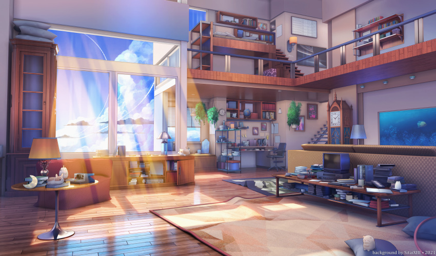 3d aquarium bed book book_stack cabinet clock cloud cup cushion desk grandfather_clock highres indoors lamp light_rays mezzanine no_humans railing rug scenery shelf shining_nikki sitai_xiii sky stairs sunbeam sunlight table television wall_clock window wooden_floor