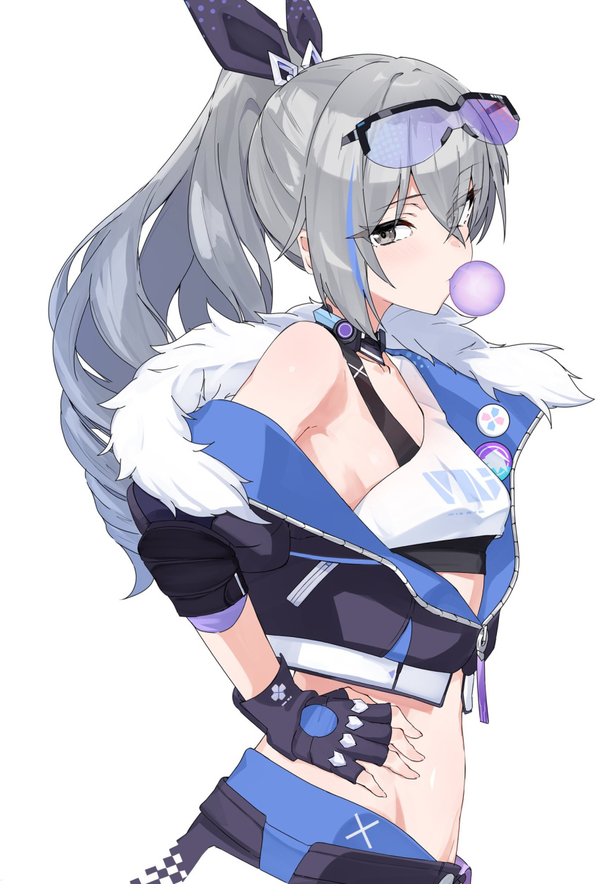 1girl bare_shoulders blue_hair blue_jacket breasts collarbone crop_top cropped_jacket crossed_bangs eyes_visible_through_hair fingerless_gloves from_side fur-trimmed_jacket fur_trim gloves grey_eyes grey_hair groin hair_between_eyes hair_ribbon hand_on_own_hip highres honkai:_star_rail honkai_(series) isocha jacket long_hair looking_at_viewer multicolored_hair over-rim_eyewear partially_unzipped ponytail purple-tinted_eyewear purple_gloves purple_jacket purple_ribbon ribbon semi-rimless_eyewear silver_wolf_(honkai:_star_rail) simple_background small_breasts solo standing streaked_hair tinted_eyewear two-sided_fabric two-sided_jacket upper_body white_background zipper zipper_pull_tab