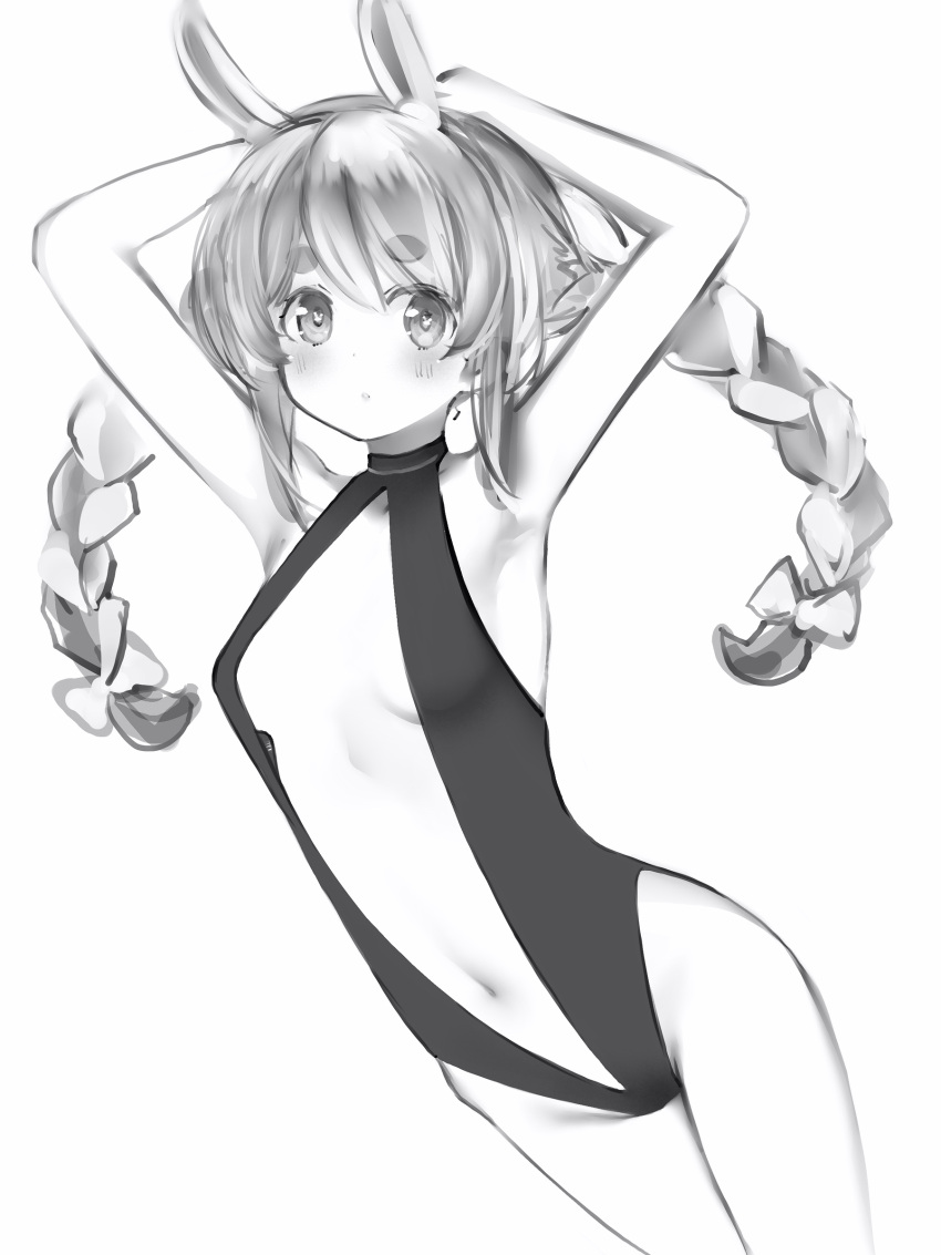 1girl absurdres alternate_costume animal_ears armpits arms_behind_head arms_up bare_arms bare_legs blush bow braid breasts greyscale hair_between_eyes hair_bow highres hololive long_hair looking_at_viewer monochrome multicolored_hair nanashi_(nlo) navel one-piece_swimsuit rabbit-shaped_pupils rabbit_ears simple_background small_breasts solo swimsuit symbol-shaped_pupils thick_eyebrows twin_braids two-tone_hair usada_pekora virtual_youtuber