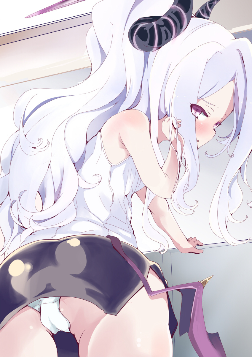 1girl ass black_skirt blue_archive blush demon_horns grey_hair halo hand_on_own_face highres hina_(blue_archive) horns long_hair looking_at_viewer low_wings panties purple_eyes purple_halo shi_ecchi shirt skirt sleeveless sleeveless_shirt underwear white_panties white_shirt wings