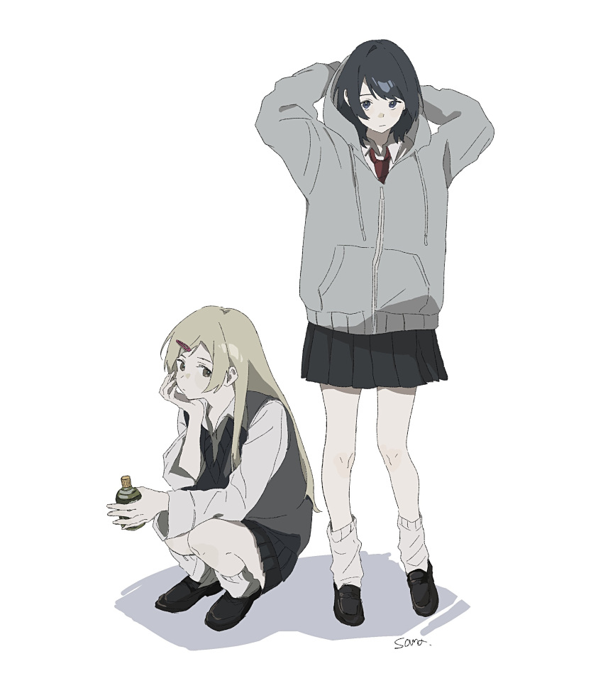 2girls absurdres arima_haruka arms_up black_eyes black_footwear black_hair black_skirt blonde_hair brown_necktie closed_mouth collared_shirt commentary_request drawstring expressionless full_body grey_hoodie grey_sweater_vest hair_ornament hairclip head_rest highres holding hood hoodie leg_warmers long_hair long_sleeves looking_at_viewer looking_back miniskirt multiple_girls necktie pleated_skirt sazanami_no_shoujo-tachi shirt shoes short_hair signature simple_background skirt soma_michiko squatting standing sweater_vest toratani_rin white_background white_leg_warmers white_shirt yellow_eyes