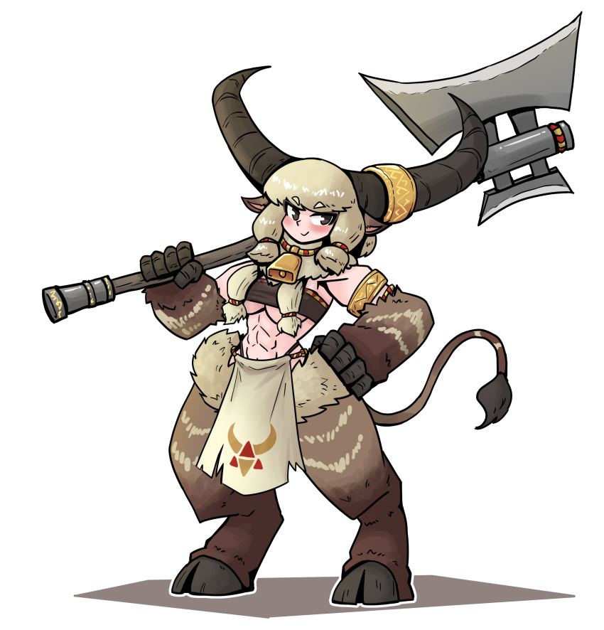 1girl abs absurdres animal_ears armlet axe bell blonde_hair body_fur breasts brown_eyes cow_ears cow_horns cowbell digitigrade full_body hand_on_own_hip highres holding holding_axe hooves horn_ornament horn_ring horns juztpl4y1 large_breasts looking_at_viewer minotaur muscular muscular_female neck_fur original over_shoulder pelvic_curtain smile solo standing tail weapon weapon_over_shoulder white_background