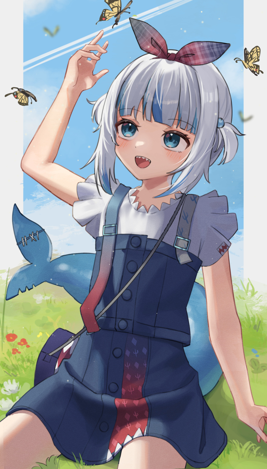 1girl 3xens arm_at_side arms_up blue_eyes blue_hair blue_skirt blunt_bangs blush bow_hairband bug butterfly buttons choppy_bangs commentary_request fins fish_tail frilled_sleeves frills gawr_gura gawr_gura_(casual) grey_hair hair_bobbles hair_ornament hairband highres hololive hololive_english miniskirt multicolored_hair official_alternate_costume official_alternate_hairstyle on_grass open_mouth shark_girl shark_tail sharp_teeth shirt short_sleeves sidelocks sitting skirt skirt_set solo streaked_hair suspenders tail teeth two_side_up virtual_youtuber white_shirt