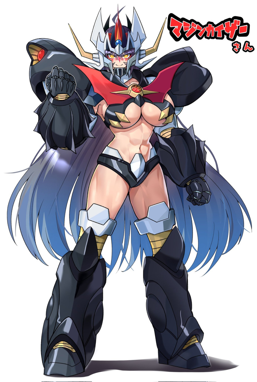 1girl abas collarbone highres humanization long_hair looking_at_viewer mashin mazinger_(series) mazinkaiser mazinkaiser_(robot) mecha mecha_musume navel revealing_clothes robot smile super_robot yamany yellow_eyes