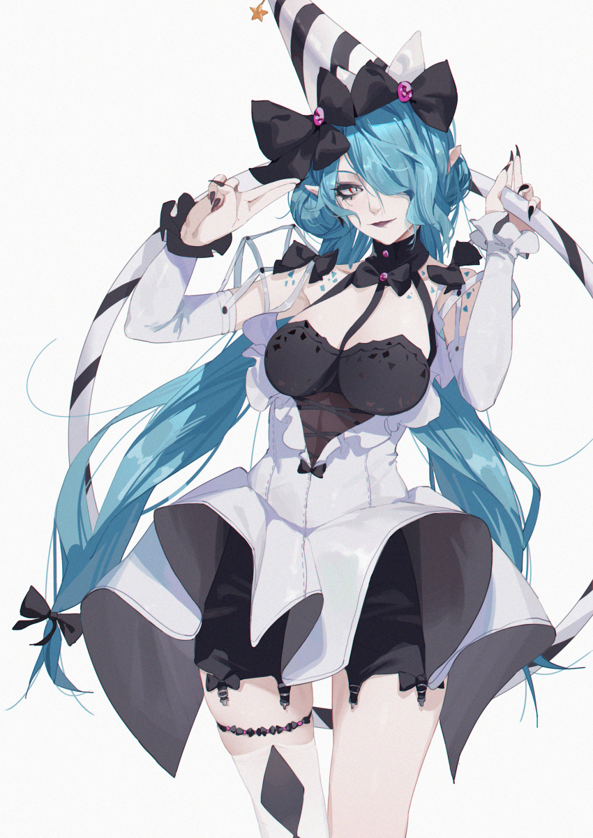 1girl absurdres argyle_clothes argyle_thighhighs bare_shoulders black_bow black_bowtie black_dress black_hat black_nails blue_hair blue_scales bow bowtie breasts covered_navel cowboy_shot detached_sleeves double_finger_gun dress fang finger_gun fingernails gem grey_eyes hair_bow hair_over_one_eye hat hat_bow hat_ornament highres hoop hula_hoop linea_alba long_hair looking_at_viewer low-tied_long_hair low_twintails makeup mascara medium_breasts nail_polish parted_lips party_hat path_to_nowhere pointing pointing_at_self pugongying purple_gemstone purple_lips serpent_(path_to_nowhere) sharp_fingernails shorts_under_dress simple_background single_thighhigh slit_pupils solo star_(symbol) star_hat_ornament thighhighs twintails two-tone_dress two-tone_hat very_long_hair white_background white_dress white_hat white_sleeves white_thighhighs