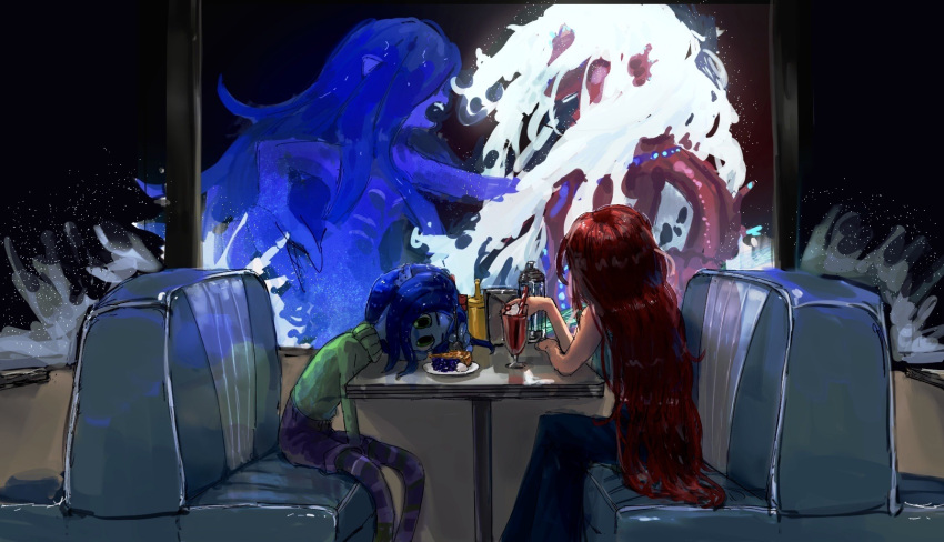 2girls blue_eyes chelsea_(ruby_gillman) giant highres kraken long_hair looking_ahead mermaid monster_girl multiple_girls niroku_(264) red_hair ruby_gillman ruby_gillman:_teenage_kraken sitting very_long_hair