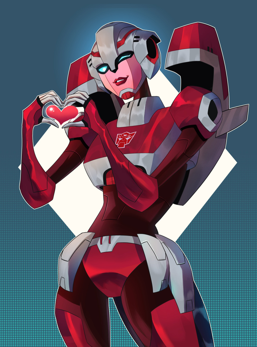 1girl absurdres arcee autobot blue_eyes breasts dujan heart heart_hands helmet highres humanoid_robot medium_breasts one_eye_closed panties red_lips red_panties robot robot_girl satin_panties solo thighs transformers transformers_animated underwear