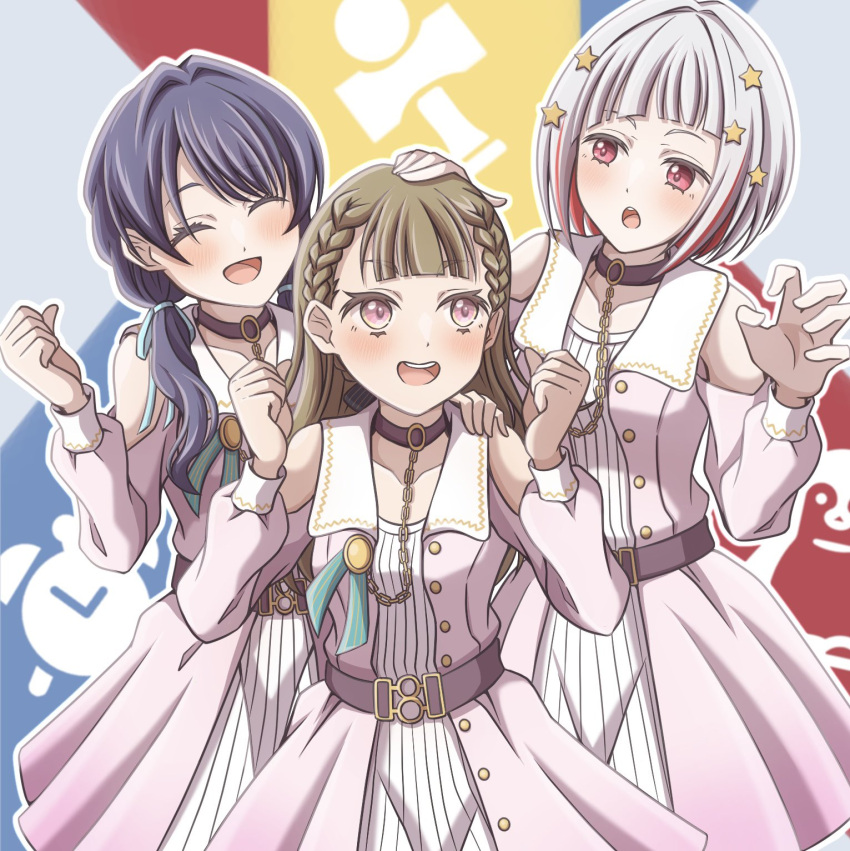 3girls :d :o ^_^ belt blue_background blue_hair blue_ribbon blunt_bangs blush bob_cut braid brown_belt brown_choker brown_hair center-flap_bangs choker claw_pose clenched_hand clenched_hands closed_eyes clothing_cutout collarbone collared_dress colored_inner_hair dark_blue_hair diagonal_bangs dollchestra dream_believers_(love_live!) dress ganbarai gradient_dress green_ribbon grey_background grey_hair hair_ornament hair_ribbon hand_on_another's_head highres inverted_bob kachimachi_kosuzu link!_like!_love_live! logo long_hair long_sleeves looking_at_another love_live! low_twintails multicolored_hair multiple_girls murano_sayaka open_clothes open_dress open_mouth pink_dress pink_eyes red_background red_eyes red_hair ribbed_dress ribbon short_hair shoulder_cutout side_braids sleeve_cuffs smile star_(symbol) star_hair_ornament straight_hair streaked_hair teeth twintails upper_teeth_only v-shaped_eyebrows white_dress yellow_background yugiri_tsuzuri