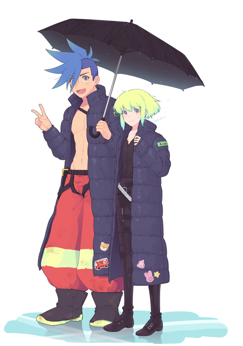 2boys abs absurdres androgynous artist_name belt black_belt blue_eyes blue_hair boots buzz_cut character_name commentary_request firefighter full_body galo_thymos green_hair highres holding holding_umbrella jacket kome_1022 lio_fotia looking_at_viewer male_focus multicolored_eyes multiple_boys open_clothes open_jacket open_mouth orange_eyes pants promare purple_eyes rabbit red_pants shiba_inu short_hair sidelocks simple_background smile sticker umbrella v very_short_hair white_background