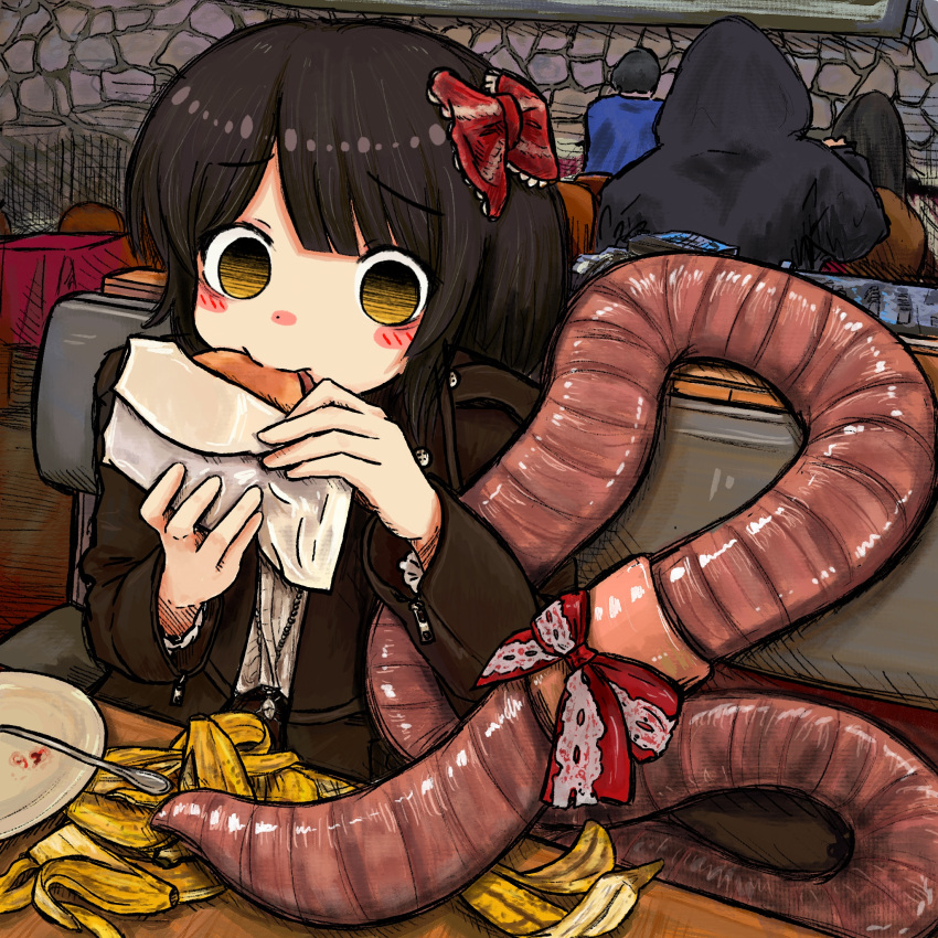 1girl 3others banana_peel bow brown_eyes brown_hair brown_jacket bubbacterial eating hair_bow highres jacket multiple_others original plate red_bow restaurant sitting table worm