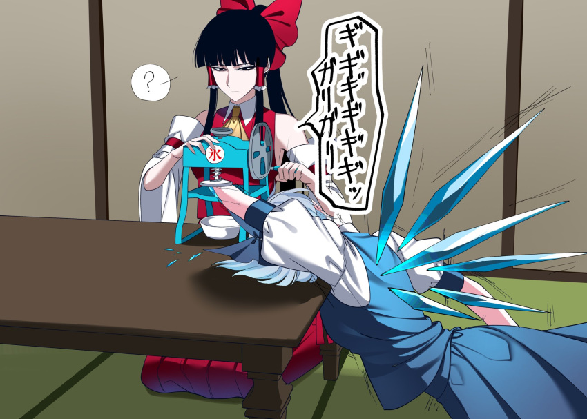 2girls aged_up black_hair blue_hair blue_skirt blue_vest blunt_bangs bow broken_arm cirno cooking death detached_sleeves hair_bow hair_tubes hakurei_reimu highres ice ice_shaver ice_wings long_hair multiple_girls nubezon ponytail puffy_short_sleeves puffy_sleeves red_vest seiza short_hair short_sleeves sitting skirt table touhou vest wings