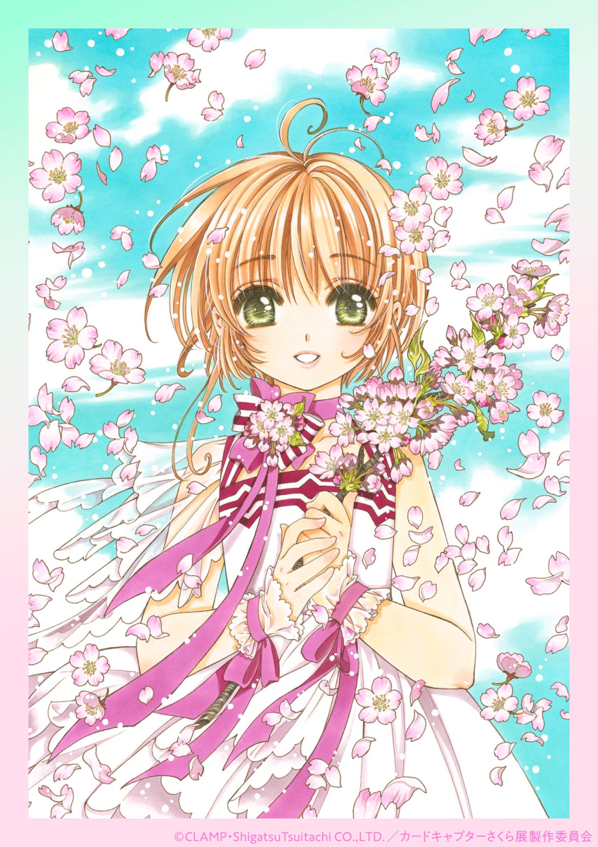 1girl antenna_hair bare_shoulders blue_sky blush brown_hair cardcaptor_sakura choker clamp_(circle) cloud dress flower green_eyes highres holding holding_flower kinomoto_sakura looking_at_viewer official_art open_mouth petals ribbon_choker short_hair sky smile solo white_dress wrist_cuffs