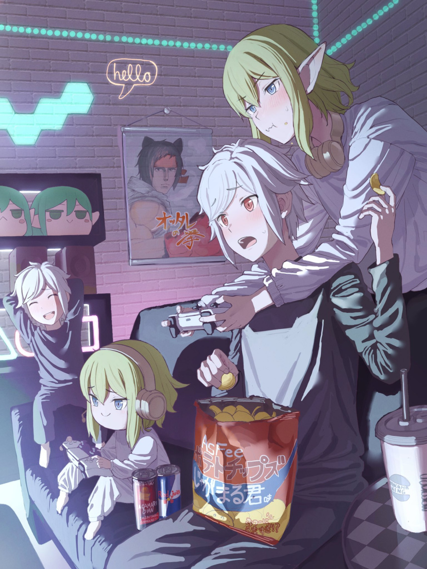 2boys 2girls alternate_universe bag_of_chips bell_cranel blush brother_and_sister can chips_(food) controller drink_can dungeon_ni_deai_wo_motomeru_no_wa_machigatteiru_darou_ka father_and_daughter father_and_son food game_controller highres holding holding_controller holding_game_controller if_they_mated mother_and_daughter mother_and_son multiple_boys multiple_girls niceumeboshi playing_games potato_chips pout red_bull ryu_lion siblings snack soda_can