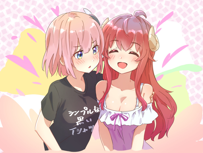 2girls :d ^_^ ahoge asymmetrical_docking bare_shoulders black_shirt blue_eyes blunt_bangs blush bob_cut breast_press breasts chiyoda_momo cleavage closed_eyes collarbone commentary_request cropped_torso dress facing_viewer hair_between_eyes hand_on_another's_shoulder happy heart highres hug icorasama large_breasts long_hair looking_at_another machikado_mazoku multiple_girls open_mouth pink_hair purple_dress red_hair shirt short_hair short_sleeves side-by-side sidelocks simple_background sleeveless sleeveless_dress smile spaghetti_strap upper_body v-shaped_eyebrows very_long_hair yoshida_yuuko_(machikado_mazoku) yuri