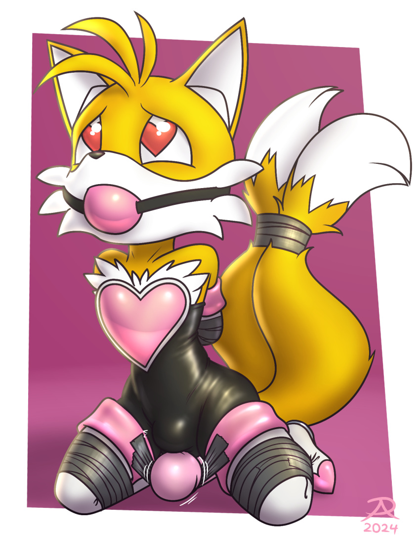 anthro armwear ball_gag bdsm bondage boots bound bulge canid canine clothing elbow_gloves footwear fox frogtied gag gloves handwear heart_eyes heart_symbol hi_res kneeling legs_tied legwear looking_pleasured male mammal miles_prower radasus sega sex_toy solo sonic_the_hedgehog_(series) tail tail_tied tape tape_bondage thigh_boots thigh_highs vibrator