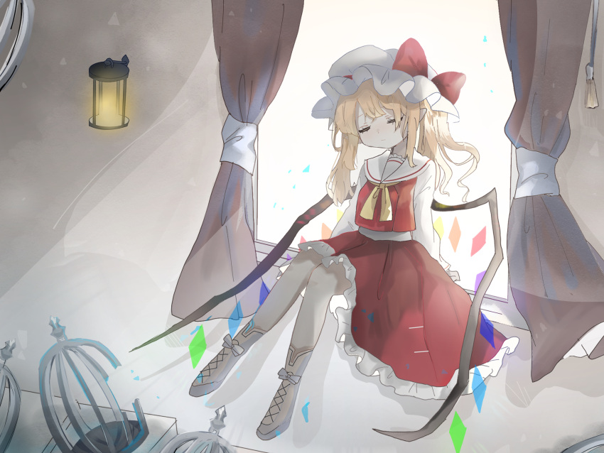 1girl ascot bat_wings blonde_hair cage closed_eyes crystal curtains flandre_scarlet full_body hat hat_ribbon highres lamp mob_cap multicolored_wings one_side_up puffy_short_sleeves puffy_sleeves ramochi red_skirt red_vest ribbon short_sleeves side_ponytail sitting skirt skirt_set solo touhou vest white_hat window wings yellow_ascot