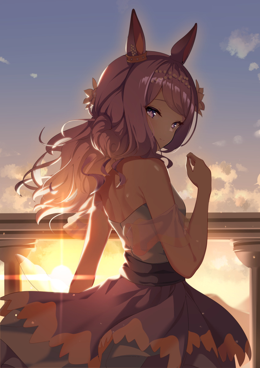 1girl absurdres animal_ears backlighting bare_shoulders clip_studio_paint_(medium) closed_mouth commentary_request cowboy_shot diffraction_spikes dress ear_ornament gem highres horse_ears horse_girl light_particles long_hair looking_back making-of_available mejiro_mcqueen_(umamusume) outdoors pearl_(gemstone) purple_dress purple_eyes purple_hair solo standing sun sunlight sunny_(20597521) turning_head umamusume wind