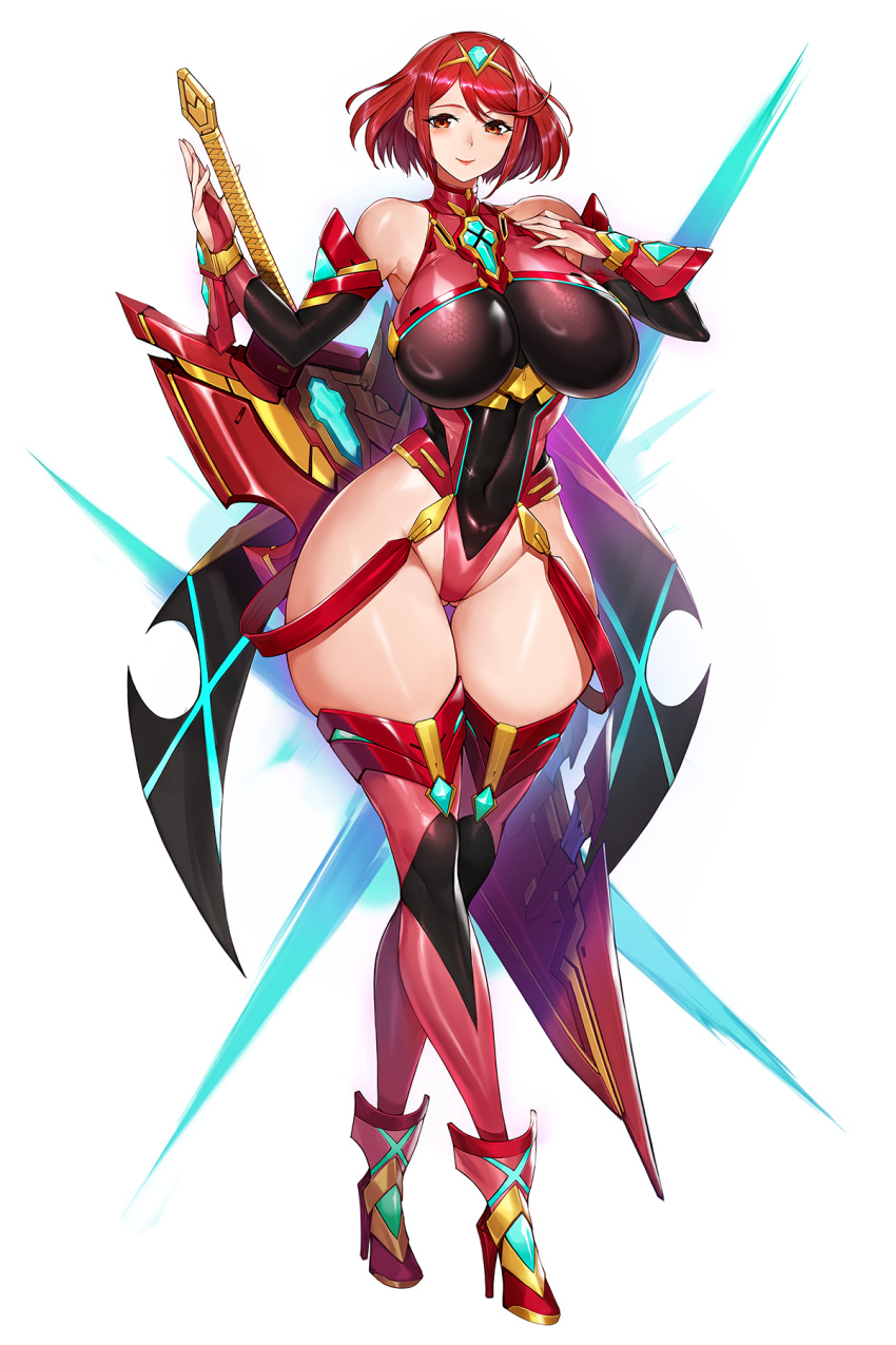 1girl adapted_costume aegis_sword_(xenoblade) armored_leotard ass_visible_through_thighs bare_shoulders boots breasts core_crystal_(xenoblade) covered_navel detached_sleeves full_body gurimjang high_heel_boots high_heels highleg highleg_leotard highres impossible_clothes large_breasts leotard looking_at_viewer pyra_(xenoblade) red_eyes red_hair short_hair smile solo swept_bangs thick_thighs thigh_gap thighhighs thighs xenoblade_chronicles_(series) xenoblade_chronicles_2