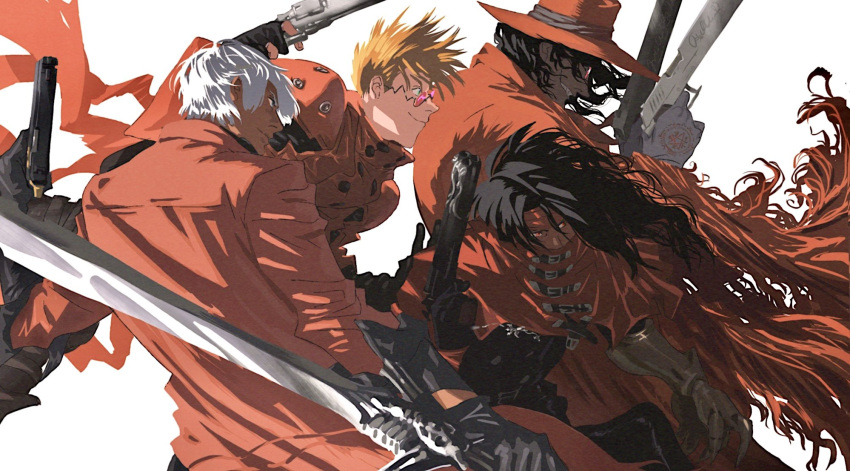 200_percent alucard_(hellsing) belt coat dante_(devil_may_cry) devil_may_cry_(series) final_fantasy final_fantasy_vii fingerless_gloves gloves hat hellsing highres long_hair male_focus orange-tinted_eyewear prosthesis prosthetic_arm rebellion_(sword) red_coat smile sunglasses tinted_eyewear trigun vash_the_stampede vincent_valentine white_hair