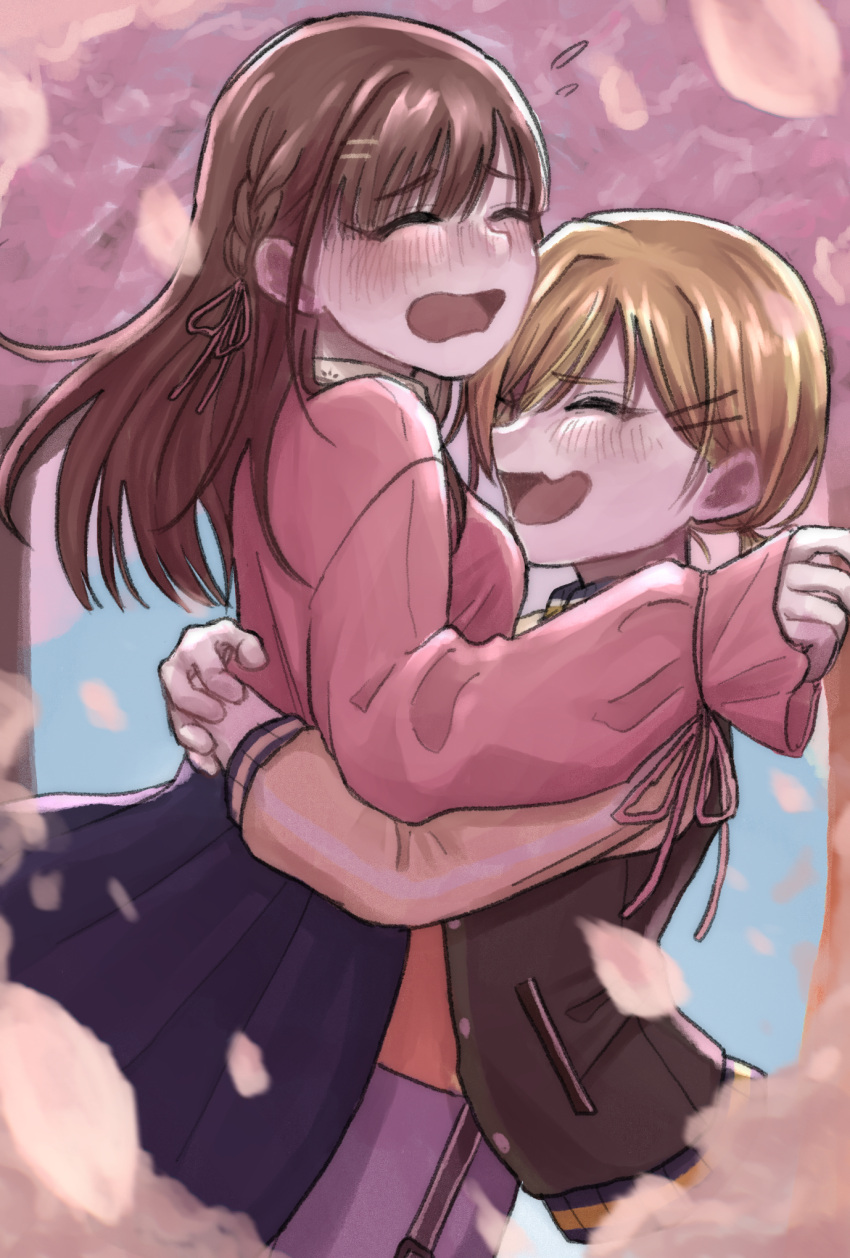 0728_necota 2girls ^_^ blonde_hair blue_skirt blush braid brown_hair cherry_blossoms closed_eyes commentary_request ear_blush falling_petals fang flying_sweatdrops highres hug idolmaster idolmaster_shiny_colors jacket letterman_jacket lifting_person long_sleeves multiple_girls nose_blush open_mouth outdoors petals pink_shirt saijo_juri shirt skin_fang skirt sonoda_chiyoko yuri