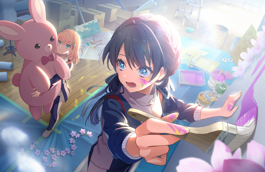 2girls blue_eyes blue_hair blue_jacket blue_pants box cardboard_box chair cherry_blossoms dark_blue_hair flower footprints game_cg grey_ribbon hair_ribbon highres hinoshita_kaho holding holding_paintbrush holding_stuffed_toy jacket ladder link!_like!_love_live! long_hair love_live! low_twintails lower_teeth_only multicolored_clothes multicolored_jacket multicolored_pants multiple_girls murano_sayaka newspaper official_art open_can open_clothes open_jacket open_mouth oversized_object paint_can paint_roller paint_splatter paint_splatter_on_face paintbrush painting_(action) pants pink_flower plank ribbon rolled_up_paper solo_focus stuffed_animal stuffed_rabbit stuffed_toy tape teeth third-party_source track_pants track_suit trim_brush twintails virtual_youtuber walking white_jacket white_pants worried
