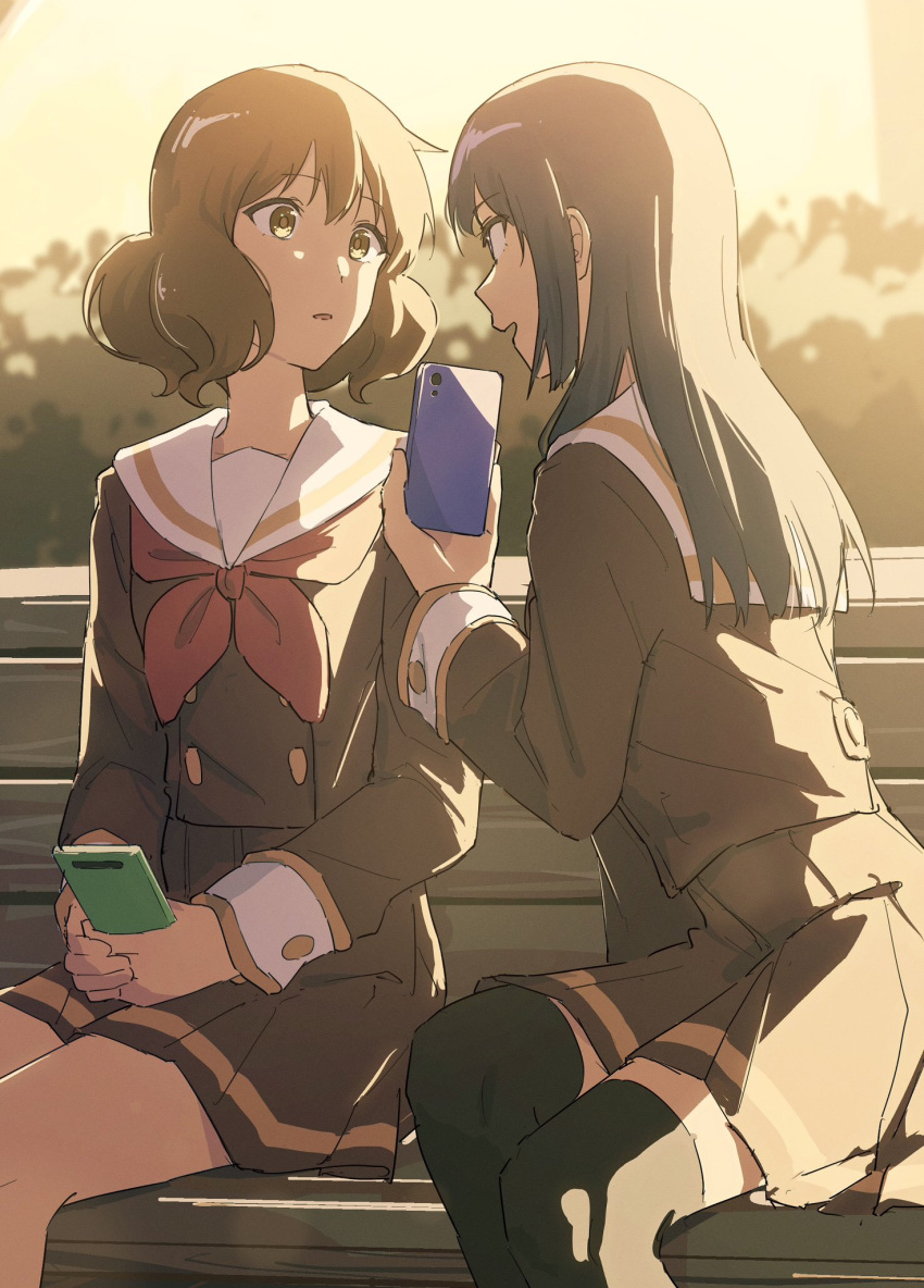 2girls bench black_hair brown_eyes brown_hair brown_jacket brown_skirt cellphone hibike!_euphonium highres jacket kitauji_high_school_uniform kousaka_reina looking_at_another matarasu_(aaaaaaaaj) multiple_girls neckerchief oumae_kumiko phone red_neckerchief school_uniform sitting skirt smartphone wooden_bench