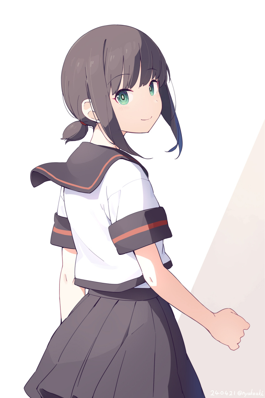 1girl black_hair black_sailor_collar black_skirt from_behind fubuki_(kancolle) fubuki_kai_ni_(kancolle) green_eyes highres kantai_collection looking_back medium_hair nakaaki_masashi pleated_skirt sailor_collar shirt sidelocks simple_background skirt solo white_background white_shirt