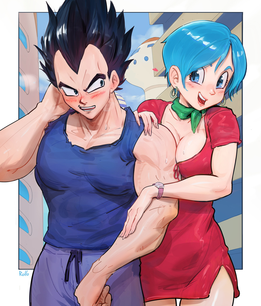 1boy 1girl artist_name black_hair blue_eyes blue_hair blue_tank_top blush border breast_press breasts bulma cleavage couple dragon_ball dress earrings english_commentary green_hair green_neckerchief hand_on_another's_arm hetero highres husband_and_wife jewelry large_breasts lipstick looking_at_another makeup muscular muscular_male neckerchief open_mouth pants red_dress rollo_(kuyuen1) shirt short_dress short_hair smile sweat tank_top teeth vegeta widow's_peak