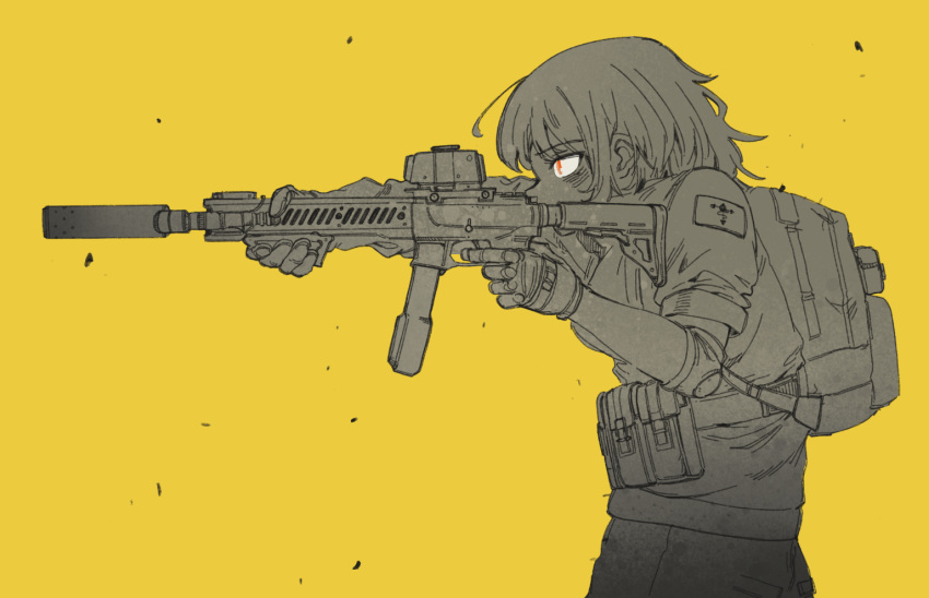 1girl aiming ammunition_pouch assault_rifle backpack bag c-clamp elbow_pads finger_on_trigger from_side gloves gun load_bearing_equipment original pouch powerdman red_eyes rifle solo spot_color suppressor weapon yellow_background