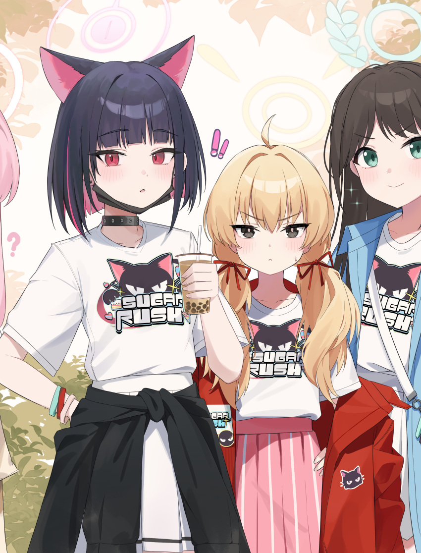 ! 4girls ? absurdres airi_(band)_(blue_archive) airi_(blue_archive) animal_ears black_choker black_hair black_mask blonde_hair blue_archive blue_jacket blush brown_hair cat_ears choker closed_mouth clothes_around_waist colored_inner_hair extra_ears green_halo hair_ribbon halo hand_on_own_hip highres jacket jacket_around_waist kazusa_(band)_(blue_archive) kazusa_(blue_archive) long_hair looking_at_viewer mask mask_pull mouth_mask multicolored_hair multiple_girls natsu_(band)_(blue_archive) natsu_(blue_archive) official_alternate_costume open_clothes open_jacket open_mouth out_of_frame pink_hair pink_halo pink_skirt pleated_skirt red_eyes red_jacket red_ribbon ribbon shirt short_hair short_sleeves skirt smile sweatdrop trigonometric_function white_shirt white_skirt yellow_halo yoshimi_(band)_(blue_archive) yoshimi_(blue_archive)