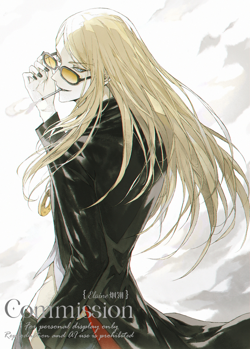 1boy absurdres black_jacket black_nails blonde_hair cigarette coat commission elaine-didaea fate/grand_order fate_(series) flapper_shirt gold_necklace highres jacket jewelry long_hair looking_at_viewer male_focus medallion midriff_peek necklace open_clothes open_jacket orange-tinted_eyewear shirt solo sunglasses tezcatlipoca_(fate) tinted_eyewear trench_coat