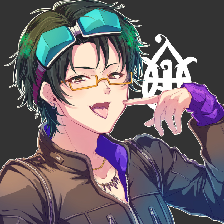 1boy 24mbb black_hair glasses gnosia goggles green_hair jacket jewelry long_sleeves male_focus necklace sha-ming shirt short_hair smile solo tongue tongue_out upper_body zipper