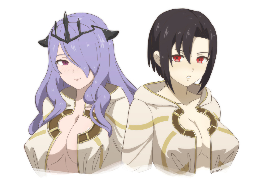 2girls absurdres black_hair black_tiara breasts camilla_(fire_emblem) cleavage fire_emblem fire_emblem_engage fire_emblem_fates fire_emblem_heroes gold_trim highres multiple_girls nel_(fire_emblem) red_eyes robe tak0baka tiara white_robe