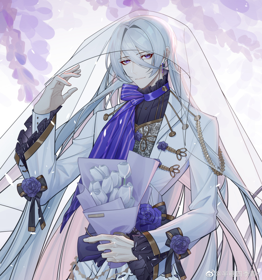 1boy absurdres aiguillette alternate_costume ban_tang_siji_qing black_bow black_shirt bouquet bow bridal_veil buttons cael_anselm cat closed_mouth coat earrings flower flower_button frilled_coat frilled_shirt_collar frilled_sleeves frills groom hair_between_eyes hair_intakes hand_up highres holding holding_bouquet jewelry lace lapels long_bangs long_hair long_sleeves looking_at_viewer lovebrush_chronicles male_focus neck_ribbon patterned_clothing purple_eyes purple_flower purple_ribbon purple_rose purple_scarf ribbon rose scarf shirt sleeve_bow smile solo striped_clothes striped_scarf tulip veil veil_lift very_long_hair vest weibo_logo weibo_watermark white_coat white_flower white_hair white_vest wisteria