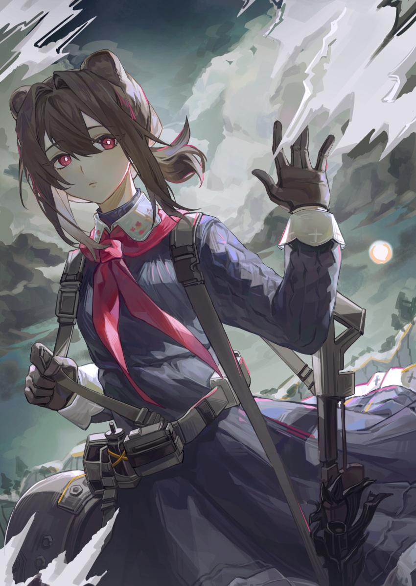 1girl absinthe_(arknights) absurdres animal_ears arknights black_dress bright_pupils brown_gloves brown_hair chinese_commentary closed_mouth commentary_request cowboy_shot cross detached_collar dress gloves greek_cross gun hair_between_eyes hand_up highres holding_strap long_sleeves neckerchief outdoors pink_eyes pink_neckerchief ponytail qiaokelizhangjialela rifle science_fiction short_hair smoke solo standing strap weapon white_pupils