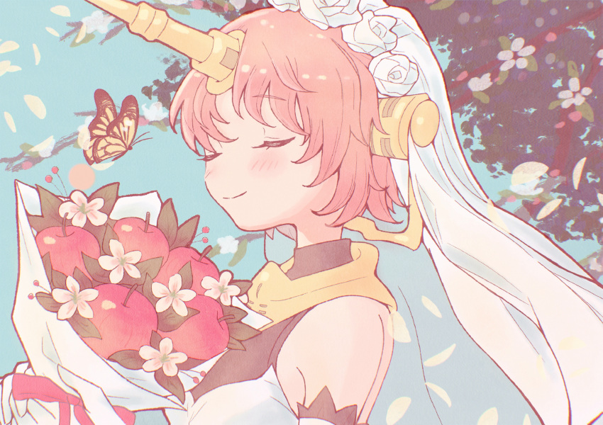 1girl absurdres apple bare_shoulders bouquet bridal_veil bug butterfly cider_taro closed_eyes closed_mouth detached_sleeves dress falling_petals fate/grand_order fate_(series) flower food frankenstein's_monster_(fate) fruit gloves headgear highres holding holding_bouquet horns light_blush mechanical_horns monarch_butterfly outdoors parted_bangs petals pink_hair pink_ribbon ribbon rose short_hair single_horn smile solo tree upper_body veil white_dress white_flower white_gloves white_petals white_rose yellow_butterfly