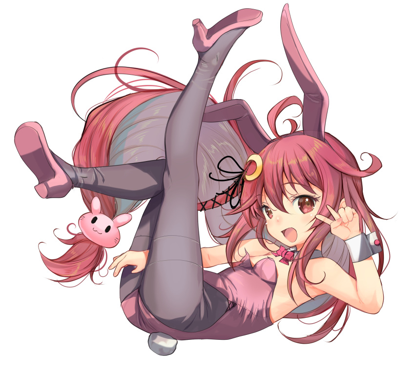 1girl absurdres ahoge alternate_costume animal_ears black_pantyhose bow bowtie breasts brown_eyes crescent crescent_hair_ornament detached_collar full_body hair_ornament highres kantai_collection leotard long_hair low-tied_long_hair one_eye_closed pantyhose pink_leotard playboy_bunny rabbit_ears rabbit_hair_ornament rabbit_tail red_bow red_bowtie red_hair simple_background small_breasts solo strapless strapless_leotard tail uzuki_(kancolle) v white_background wrist_cuffs yashin_(yasinz)