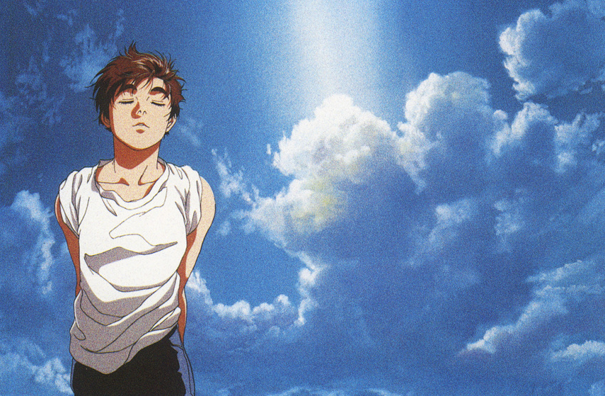 1990s_(style) 1girl artist_request blue_sky closed_eyes cloud izumi_noa key_visual kidou_keisatsu_patlabor official_art promotional_art red_hair retro_artstyle scan short_hair sky sun sunlight traditional_media