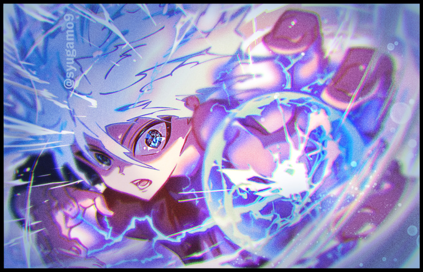 1boy artist_name blue_eyes fighting_stance foreshortening hunter_x_hunter killua_zoldyck kuo_tasuku lightning looking_at_viewer male_focus open_mouth outstretched_hand signature solo teeth watermark white_hair