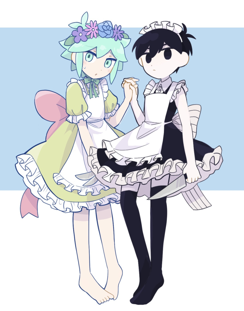 2boys alternate_costume barefoot basil_(headspace)_(omori) basil_(omori) black_eyes black_hair black_thighhighs blush closed_mouth colored_skin enmaided expressionless flower green_eyes green_hair head_wreath highres holding holding_knife holding_polearm holding_weapon knife maid multiple_boys omori omori_(omori) parted_lips polearm short_hair sr_ld_fr thighhighs weapon white_skin