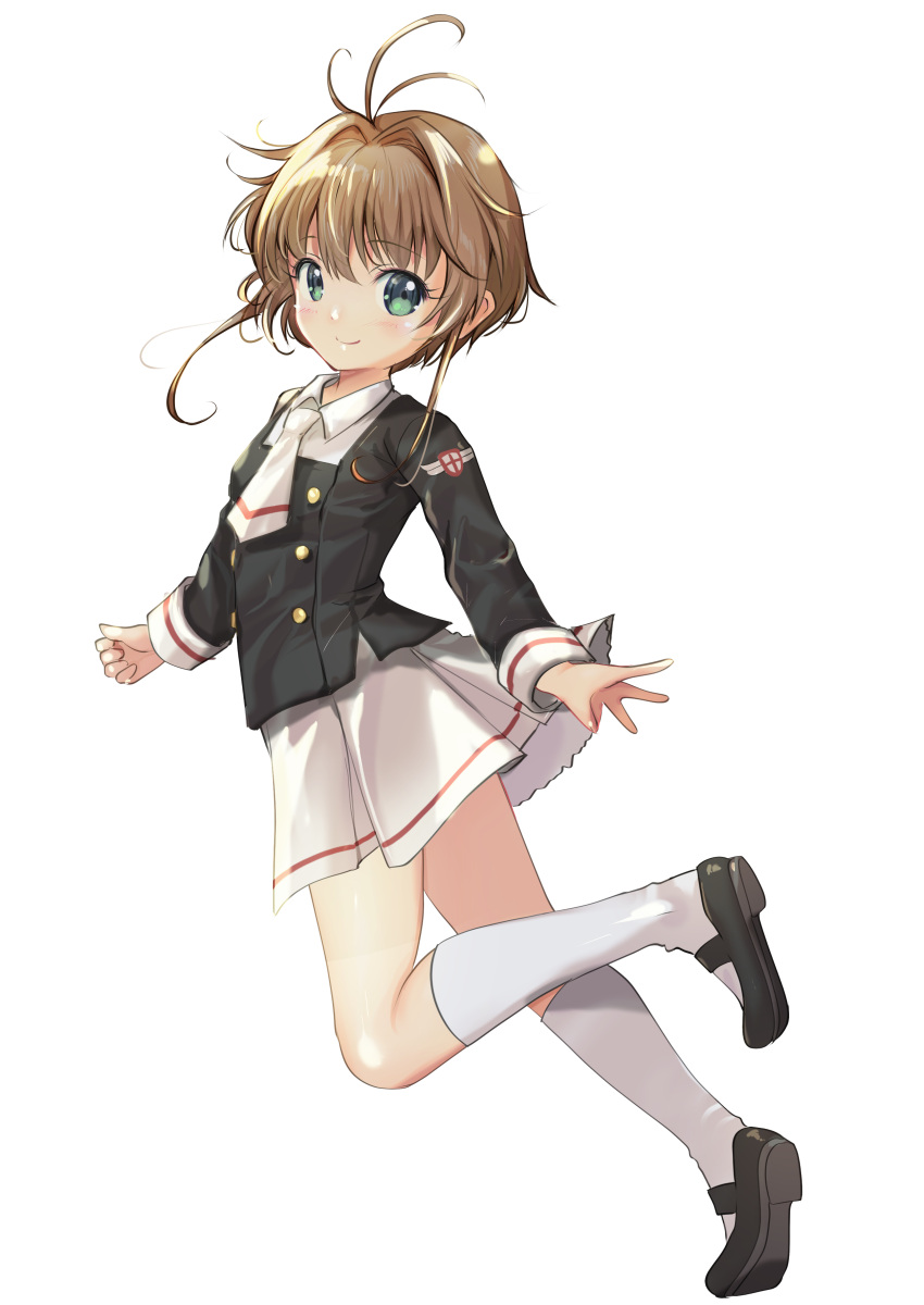 1girl absurdres antenna_hair badge black_footwear black_shirt brown_hair cardcaptor_sakura full_body green_eyes highres holding kinomoto_sakura mary_janes neckerchief pleated_skirt sailor_collar school_uniform serafuku shirt shoes short_hair simple_background skirt smile socks solo tomoeda_middle_school_uniform white_background white_neckerchief white_sailor_collar white_skirt white_socks yashin_(yasinz)