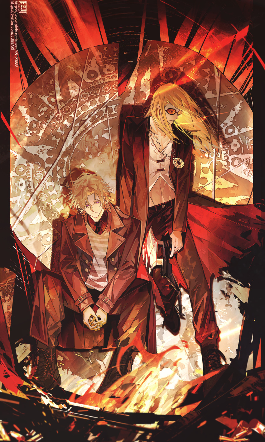 2boys absurdres aztec black_coat black_jacket black_nails blonde_hair cigarette coat daybit_sem_void eeju fate/grand_order fate_(series) flapper_shirt gold_necklace highres jacket jewelry long_hair long_sleeves male_focus medallion midriff_peek multiple_boys necklace open_clothes open_jacket orange-tinted_eyewear pants purple_eyes shirt short_hair sunglasses tezcatlipoca_(fate) tinted_eyewear trench_coat white_shirt