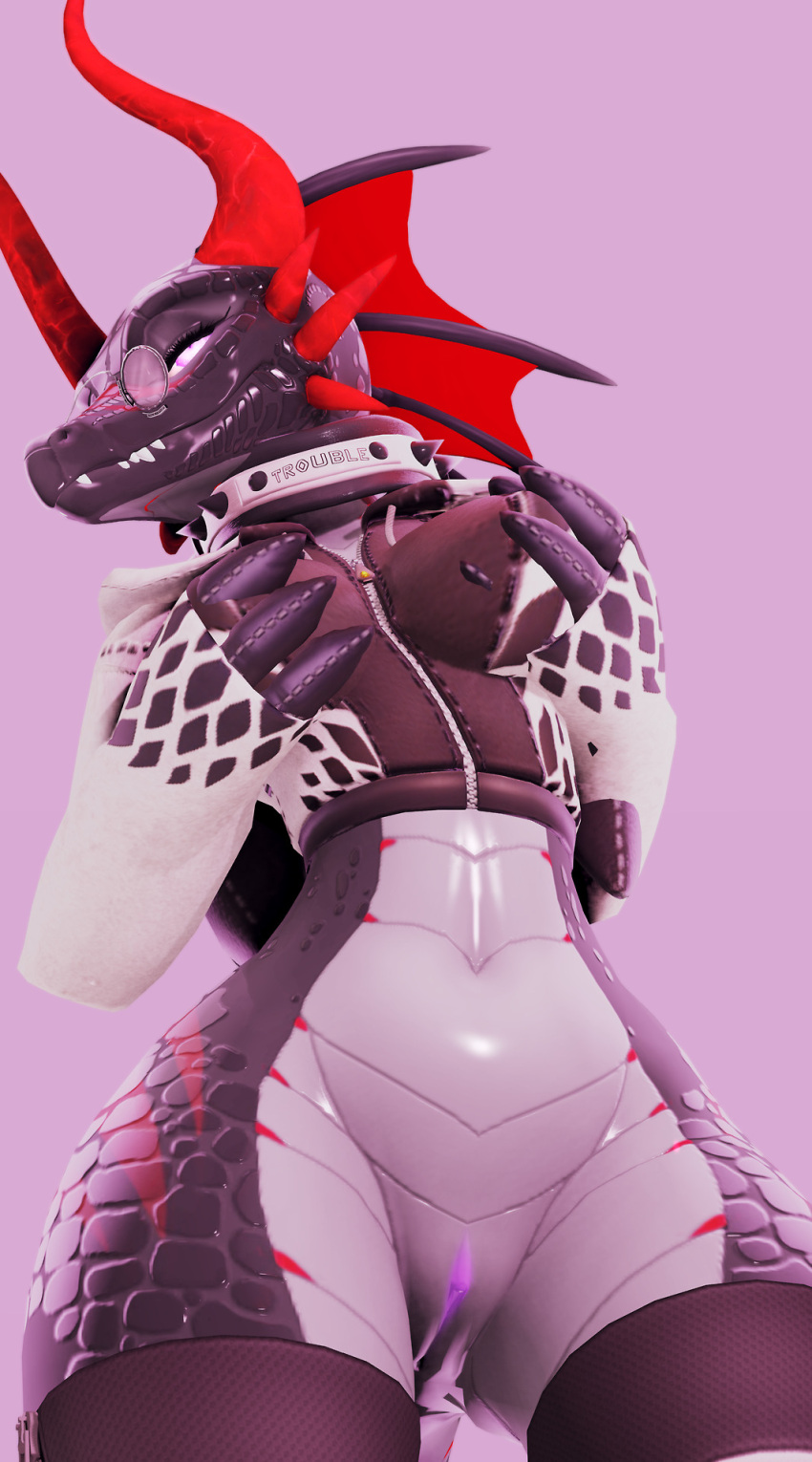 3d_(artwork) anthro black_body black_scales breasts clothed clothing collar digital_media_(artwork) eyewear female frill_(anatomy) genitals glasses hand_on_breast head_crest head_frill hi_res horn legwear membrane_(anatomy) membranous_frill multicolored_body non-mammal_breasts partially_clothed pink_background purple_eyes pussy red_horn savage_(doktor-savage) scales scalie simple_background solo spiked_collar spikes standing stripes teeth topwear unknown_artist