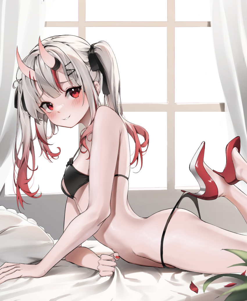 1girl absurdres ass bare_shoulders bikini black_bikini blush breasts high_heels highres hololive horns long_hair looking_at_viewer lying multicolored_hair nakiri_ayame on_stomach red_eyes red_footwear red_hair red_nails scarlet_(wv0102) skin-covered_horns smile solo swimsuit twintails two-tone_hair virtual_youtuber white_hair