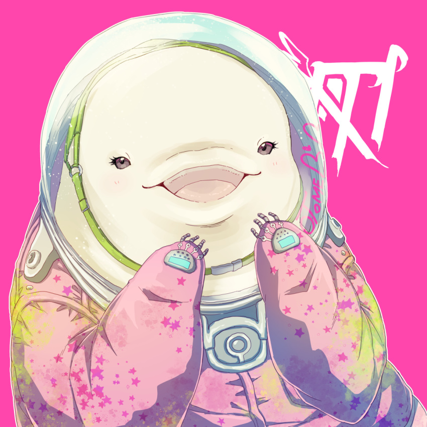 1girl 24mbb beluga_whale bodysuit gnosia grey_eyes happy helmet long_sleeves looking_at_viewer no_humans otome_(gnosia) pink_bodysuit simple_background smile solo space_helmet upper_body