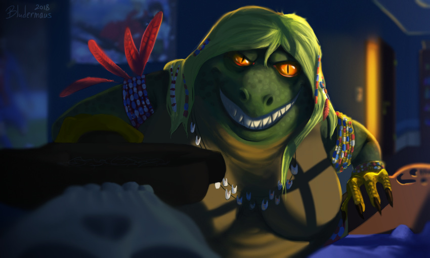 2018 alligator anthro bludermaus breasts crocodilian cuca digital_drawing_(artwork) digital_media_(artwork) female first_person_view folklore hair hi_res looking_at_viewer monster non-mammal_breasts orange_eyes reptile scalie scary simple_background smile solo standing talons teeth