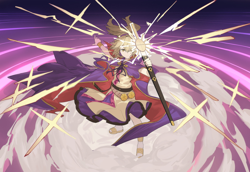 1girl absurdres anklet aura belt blonde_hair bracelet cape closed_mouth commentary_request devilkillerx earmuffs highres holding holding_sword holding_weapon jewelry purple_cape purple_skirt red_cape shirt skirt sleeveless sleeveless_shirt solo sword touhou toyosatomimi_no_miko two-sided_cape two-sided_fabric weapon