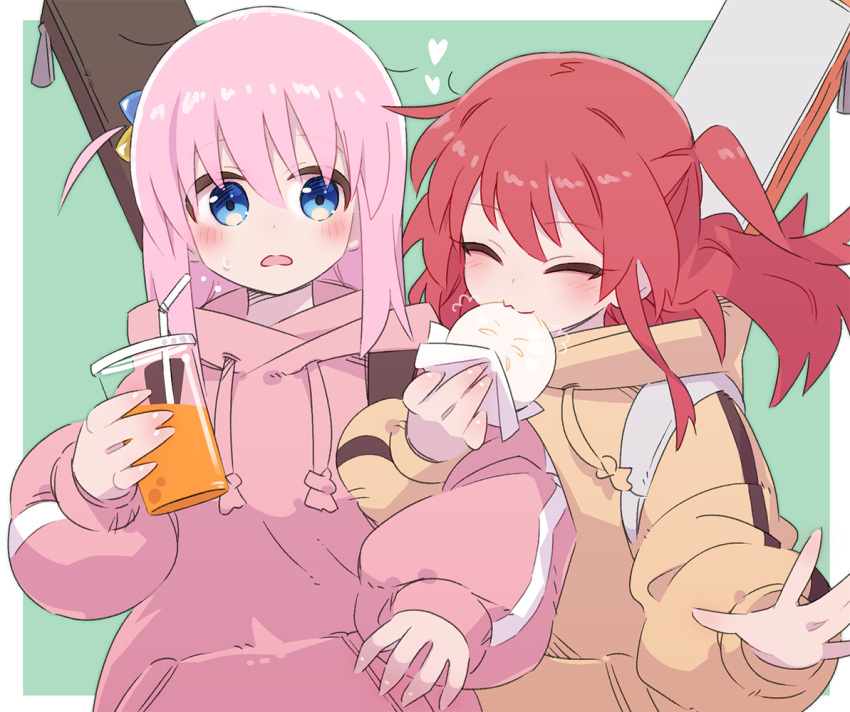 2girls baozi blue_eyes blush bocchi_the_rock! closed_eyes cup disposable_cup drawstring drinking_straw eating food gotoh_hitori green_background guitar_case hair_ornament heart holding holding_cup holding_food hood hood_down hoodie instrument_case kita_ikuyo locked_arms long_hair long_sleeves looking_at_viewer multiple_girls one_side_up open_mouth outside_border picogames_off pink_hair pink_hoodie red_hair single_vertical_stripe upper_body