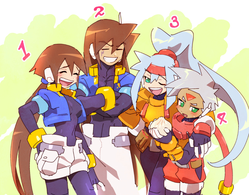 2boys 2girls aile_(mega_man_zx) android ashe_(mega_man) baozi belt black_bodysuit blue_hair blue_jacket blush bodysuit bodysuit_under_clothes breasts brown_hair closed_eyes cropped_jacket crossed_arms dark-skinned_male dark_skin facial_mark food forehead_mark green_eyes grey_(mega_man) grey_hair high_ponytail jacket kon_(kin219) light_blue_hair long_hair medium_breasts mega_man_(series) mega_man_zx mega_man_zx_advent multiple_boys multiple_girls nervous_smile no_pants one_eye_closed open_clothes open_jacket open_mouth orange_jacket orange_shirt pants ponytail red_shorts robot_ears scar scar_on_face shirt short_hair shorts sleeveless sleeveless_shirt smile spiked_hair teeth upper_teeth_only vent_(mega_man) white_pants white_shorts